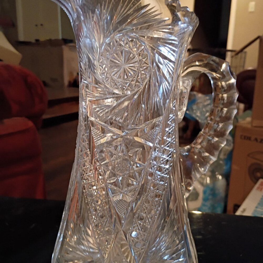 Antique Heavy Lead Crystal Water Pitcher With Star and Floral Design
